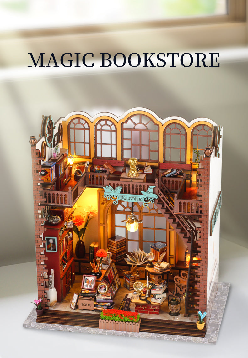 Magic Book Store DIY Kit model featuring wooden puzzle design with intricate furniture and lighting details.