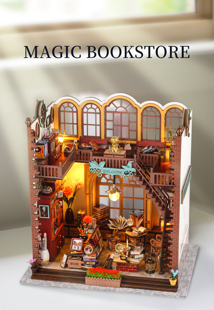 Magic Book Store DIY Kit model featuring wooden puzzle design with intricate furniture and lighting details.