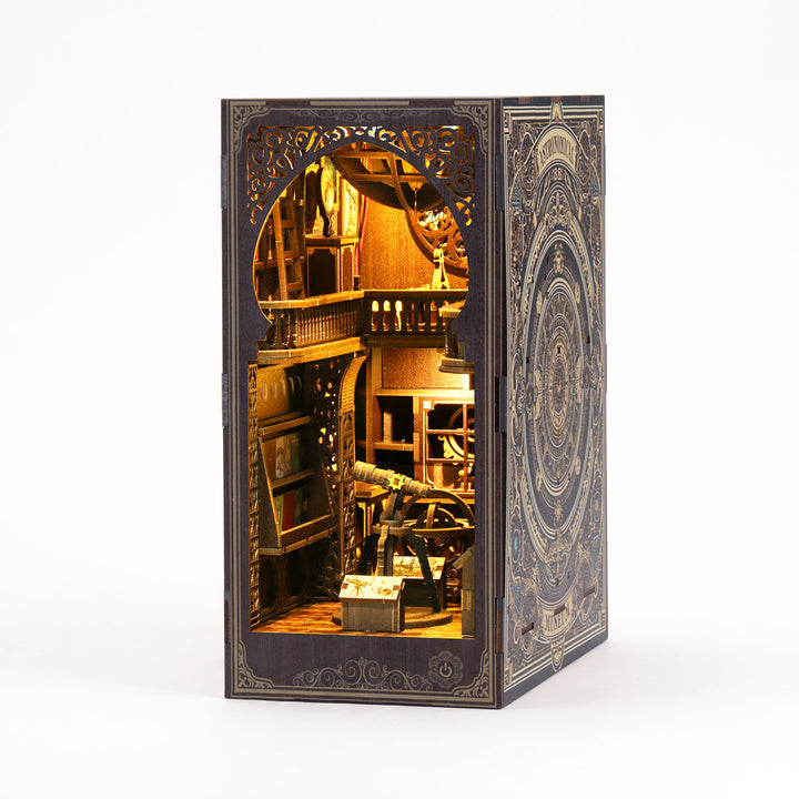 3D wooden puzzle of a book nook with intricate European design, featuring musical elements and warm lighting.