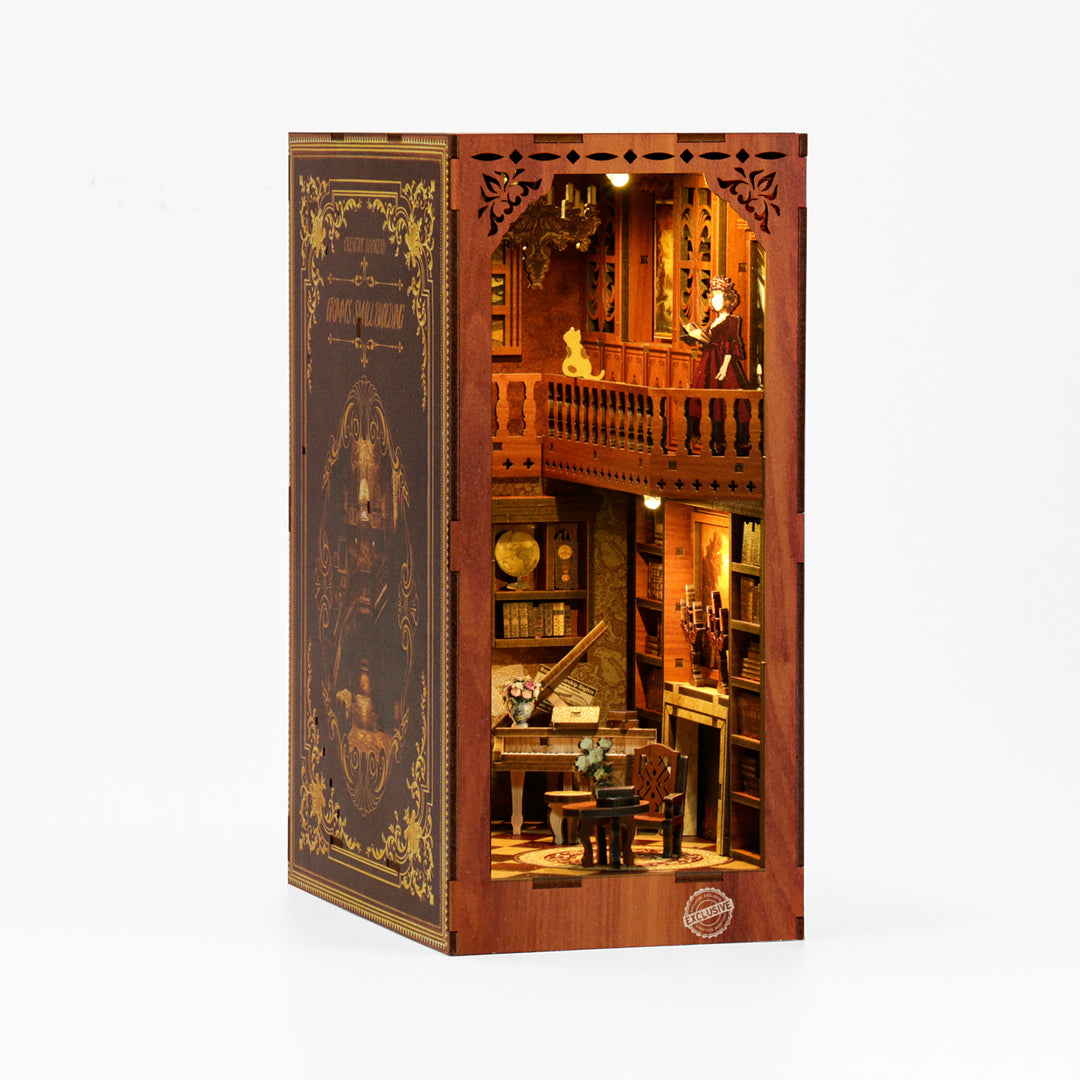 Grimm's Small Building DIY Book Nook Kit 3D wooden puzzle showcasing detailed interiors with musical theme decor.