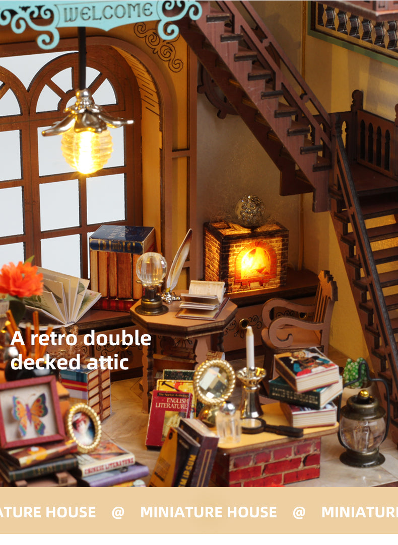 Cozy retro double-decked attic with books, lamps, and a warm atmosphere in a miniature house setting.