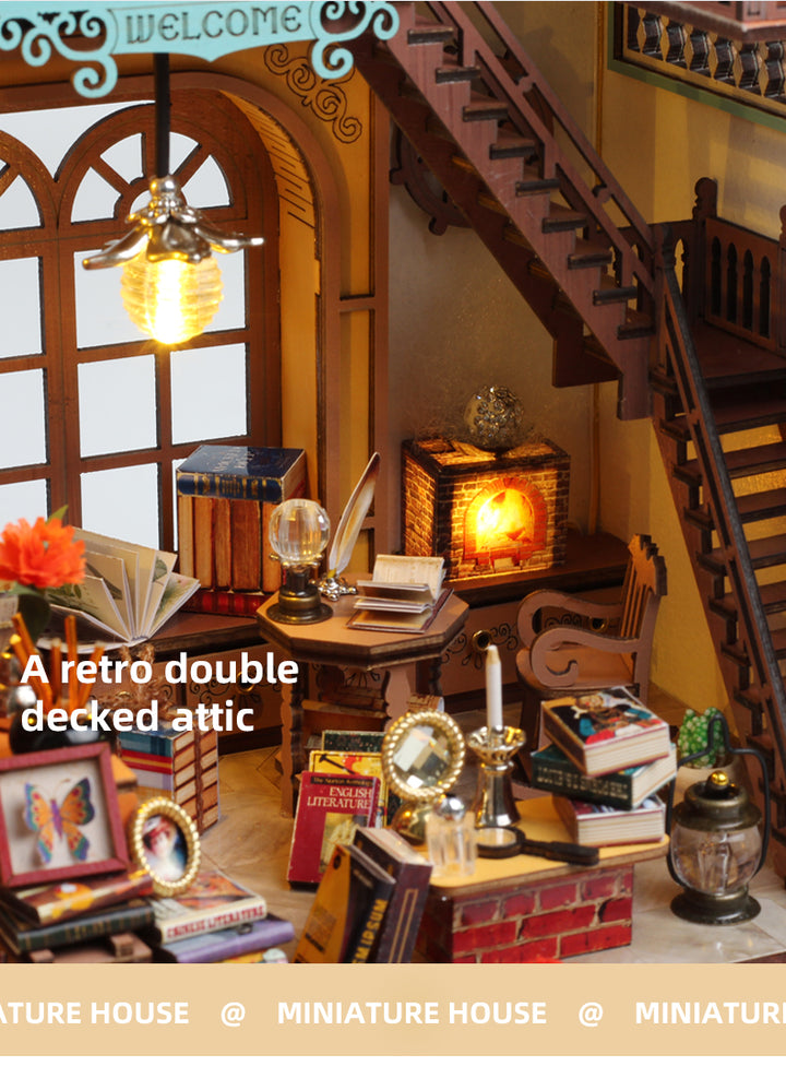 Cozy retro double-decked attic with books, lamps, and a warm atmosphere in a miniature house setting.