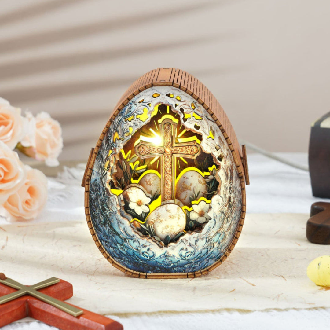 Holy Easter Eggs Kit 3D wooden puzzle night light featuring a cross and eggs illuminated with warm light.