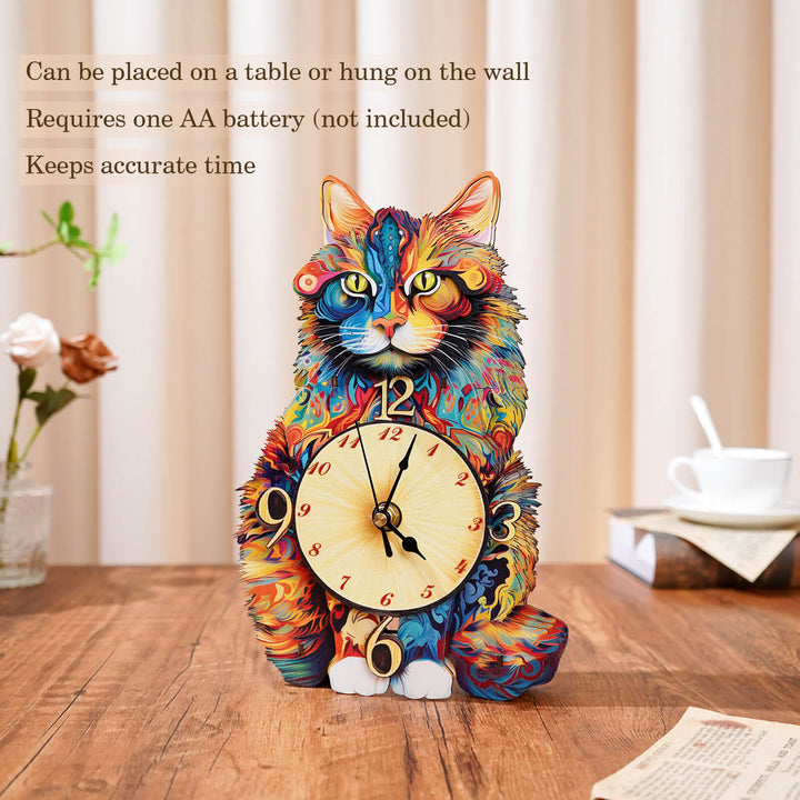 Colorful Maine Coon wooden clock 3D puzzle, perfect for table display or wall hanging, accurate timekeeping.