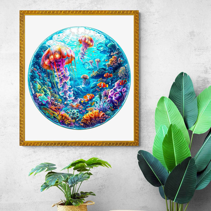 Colorful Spherical Ocean Wooden Jigsaw Puzzle featuring jellyfish and marine life, perfect for puzzle enthusiasts and mind games.