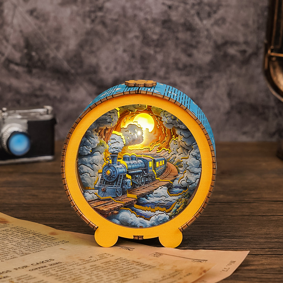 Steam train 3D wooden puzzle night light showcasing intricate design and warm glowing effect.