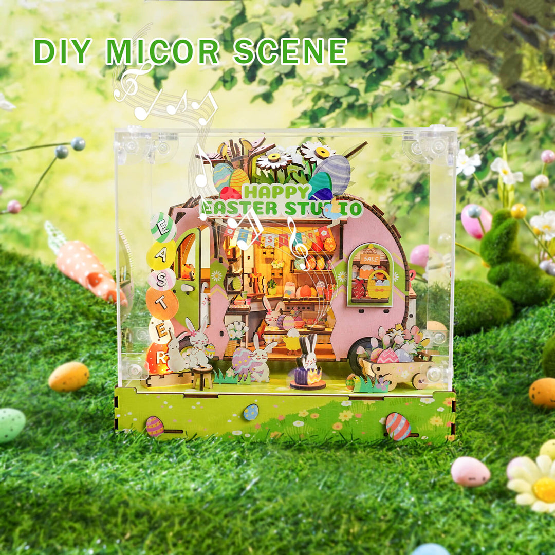 DIY miniature Easter egg cart scene with festive decorations and adorable animals in a vibrant spring setting.