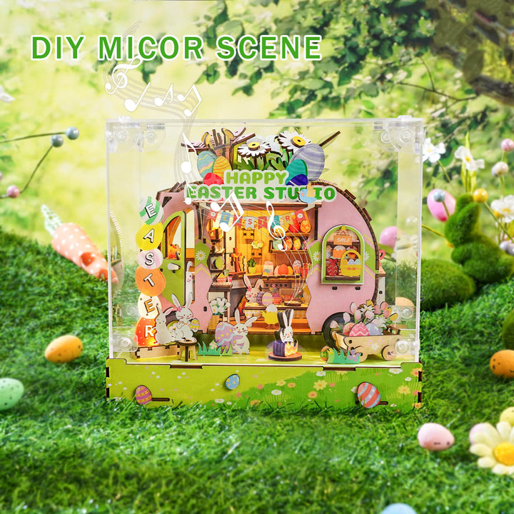 DIY miniature Easter egg cart scene with festive decorations and adorable animals in a vibrant spring setting.