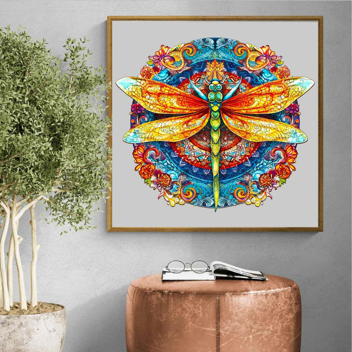 Mandala Dragonfly 1 Wooden Jigsaw Puzzle art display featuring vibrant colors and intricate patterns.