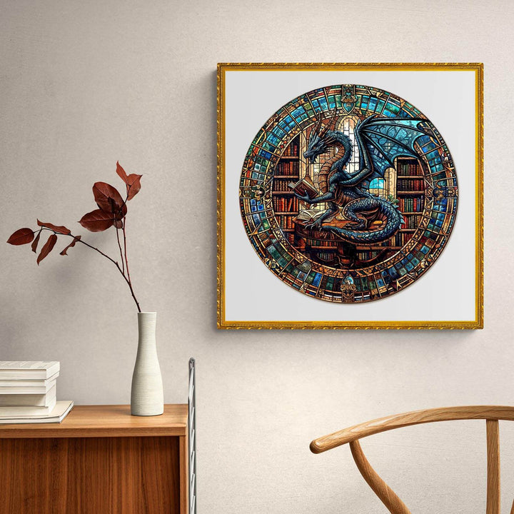 Dragon's Library wooden jigsaw puzzle displayed on a wall with books and decorative vase, perfect for puzzle enthusiasts.