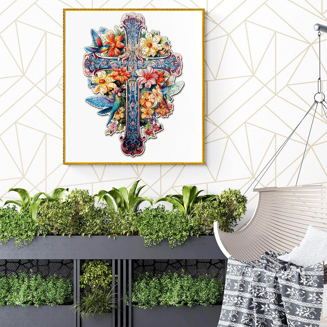 Colorful Blessing Cross-1 wooden jigsaw puzzle artwork displayed in a modern interior setting with plants.