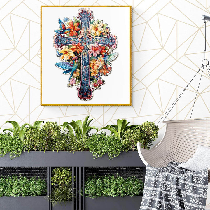 Colorful Blessing Cross-1 wooden jigsaw puzzle artwork displayed in a modern interior setting with plants.