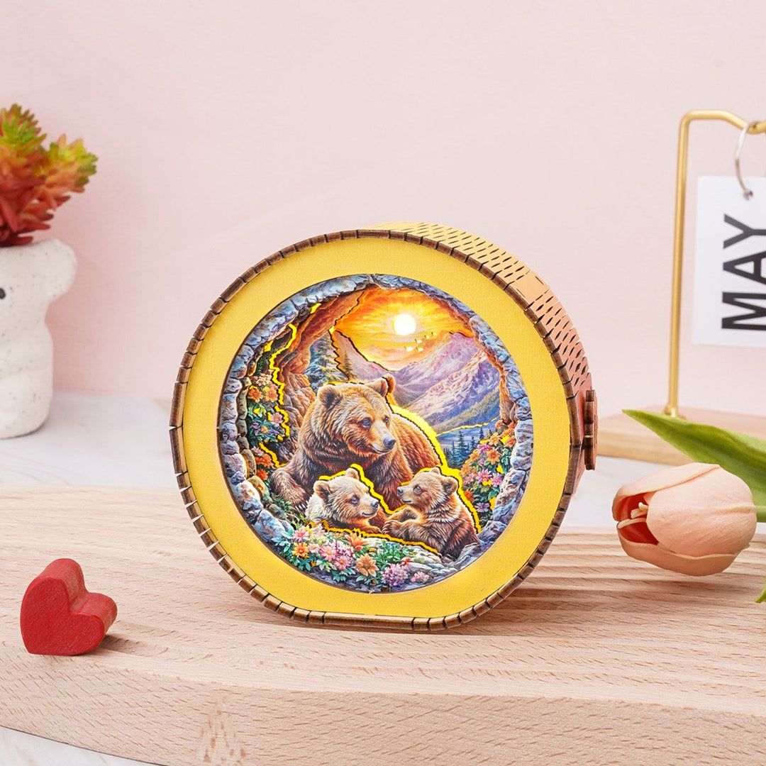 3D wooden puzzle night light featuring a brown bear family in a scenic landscape, perfect for home décor and gifts.