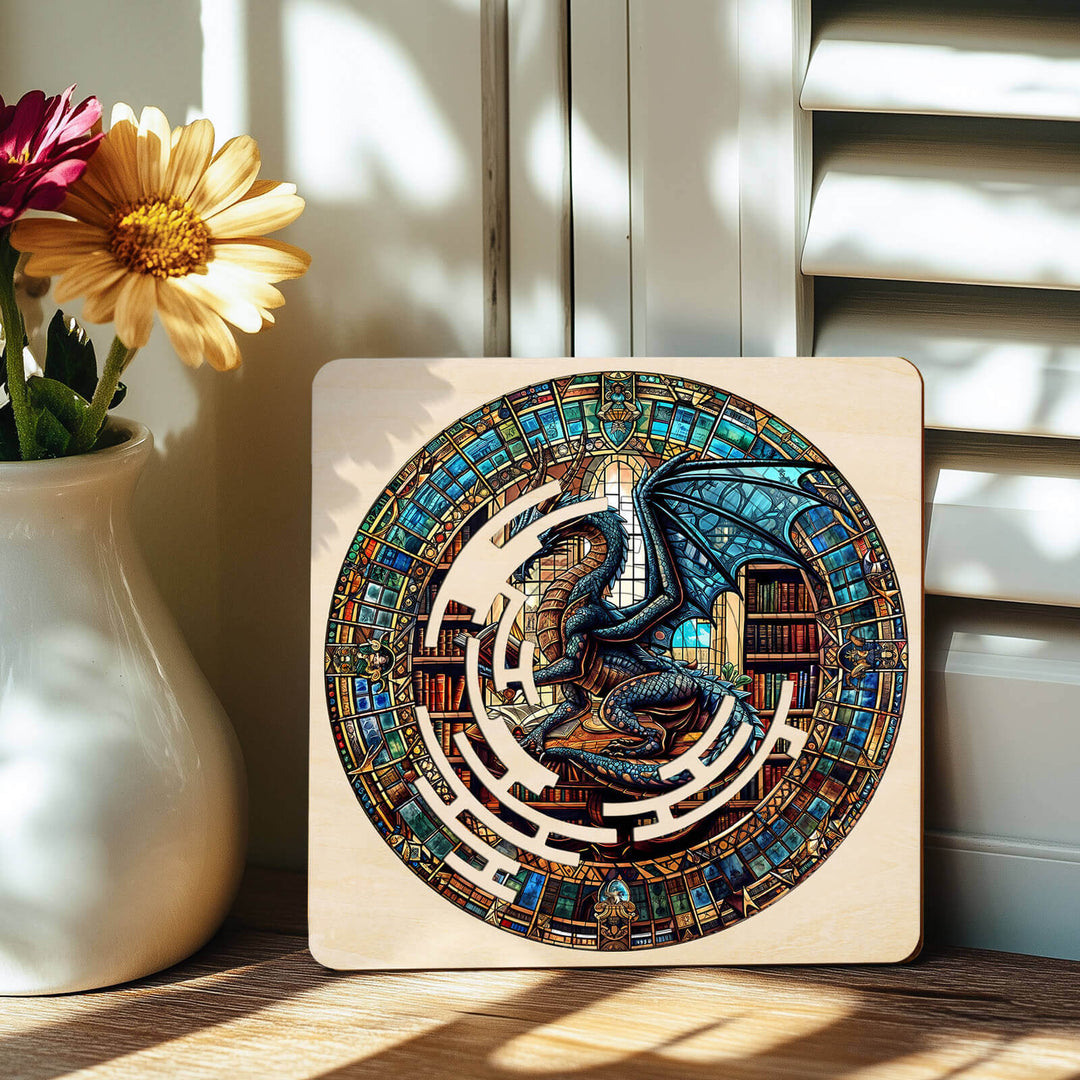 Maze Puzzles—Library Dragon jigsaw puzzle featuring a dragon amidst colorful stained glass and a book-filled labyrinth.