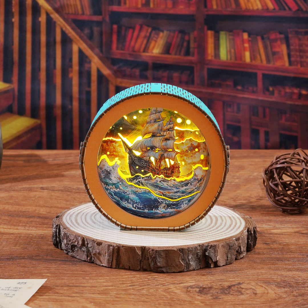 Intrepid Explorer 3D wooden night light puzzle featuring a ship on the ocean, glowing warmly, perfect for DIY enthusiasts.