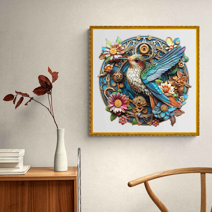 Colorful wooden jigsaw puzzle featuring a graceful hummingbird surrounded by flowers and gears, ideal for brain games.