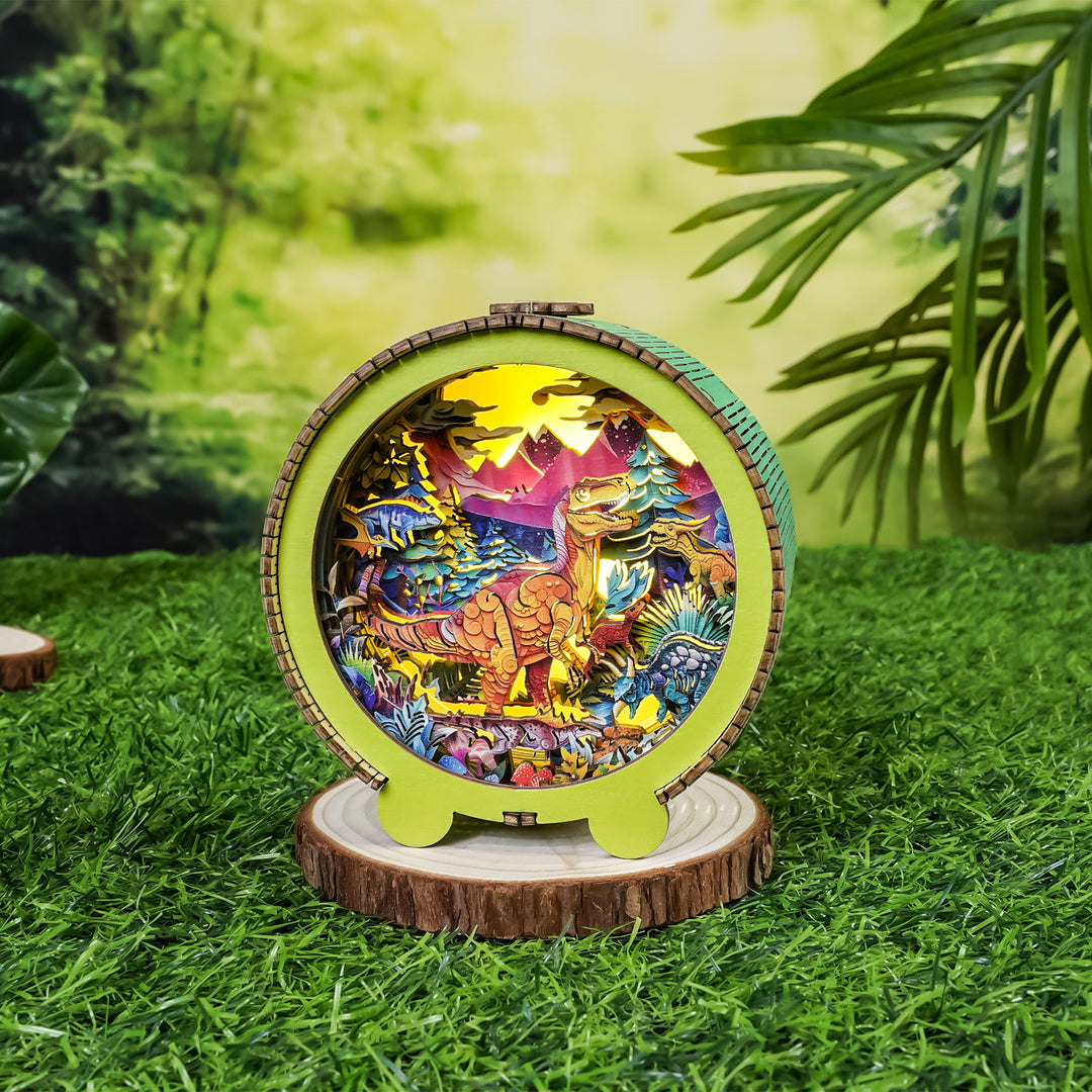 Colorful 3D wooden puzzle night light featuring a dinosaur in a vibrant landscape, set on a wooden base.