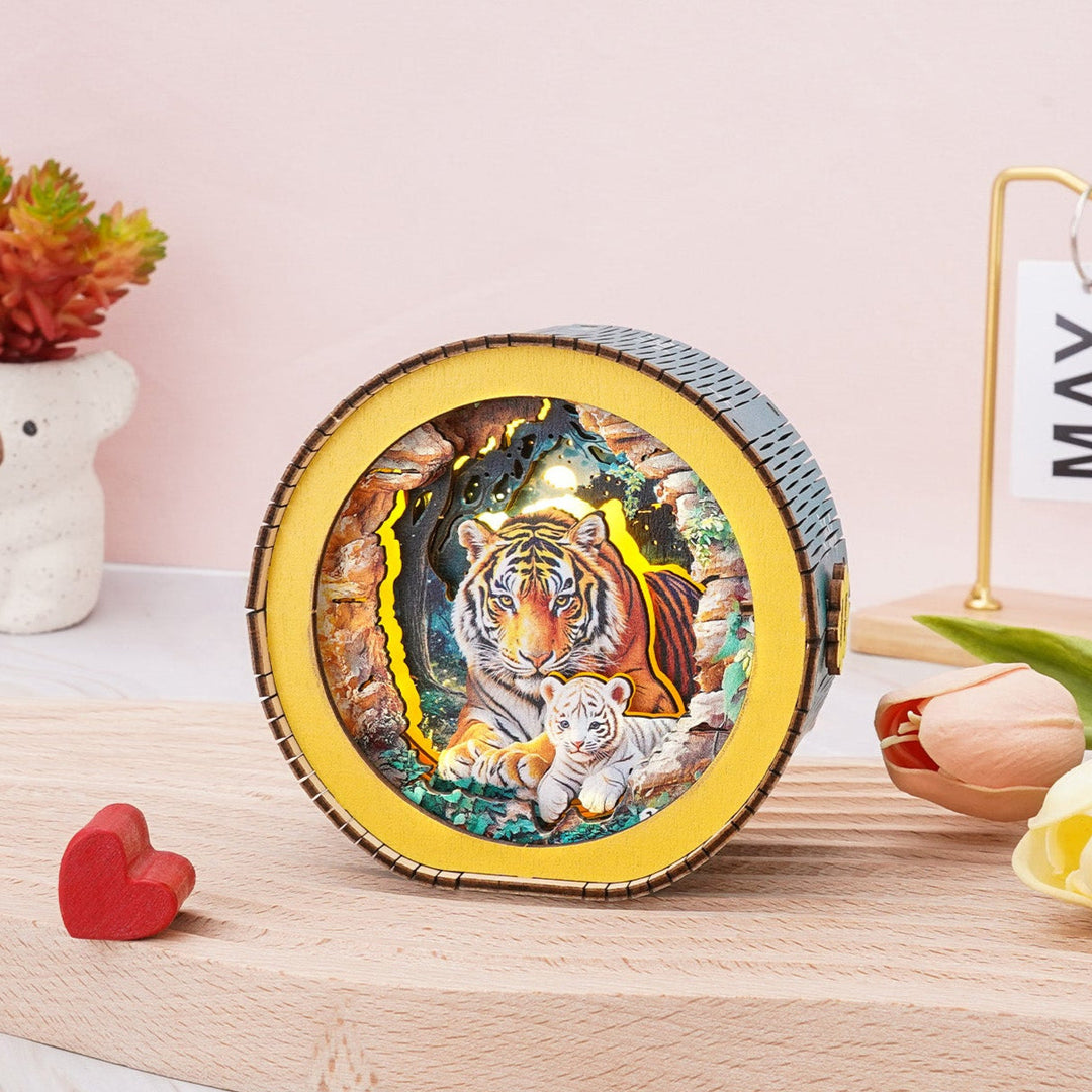 3D wooden puzzle night light featuring a tiger mother and cub in a jungle scene, ideal for decor and gifting.