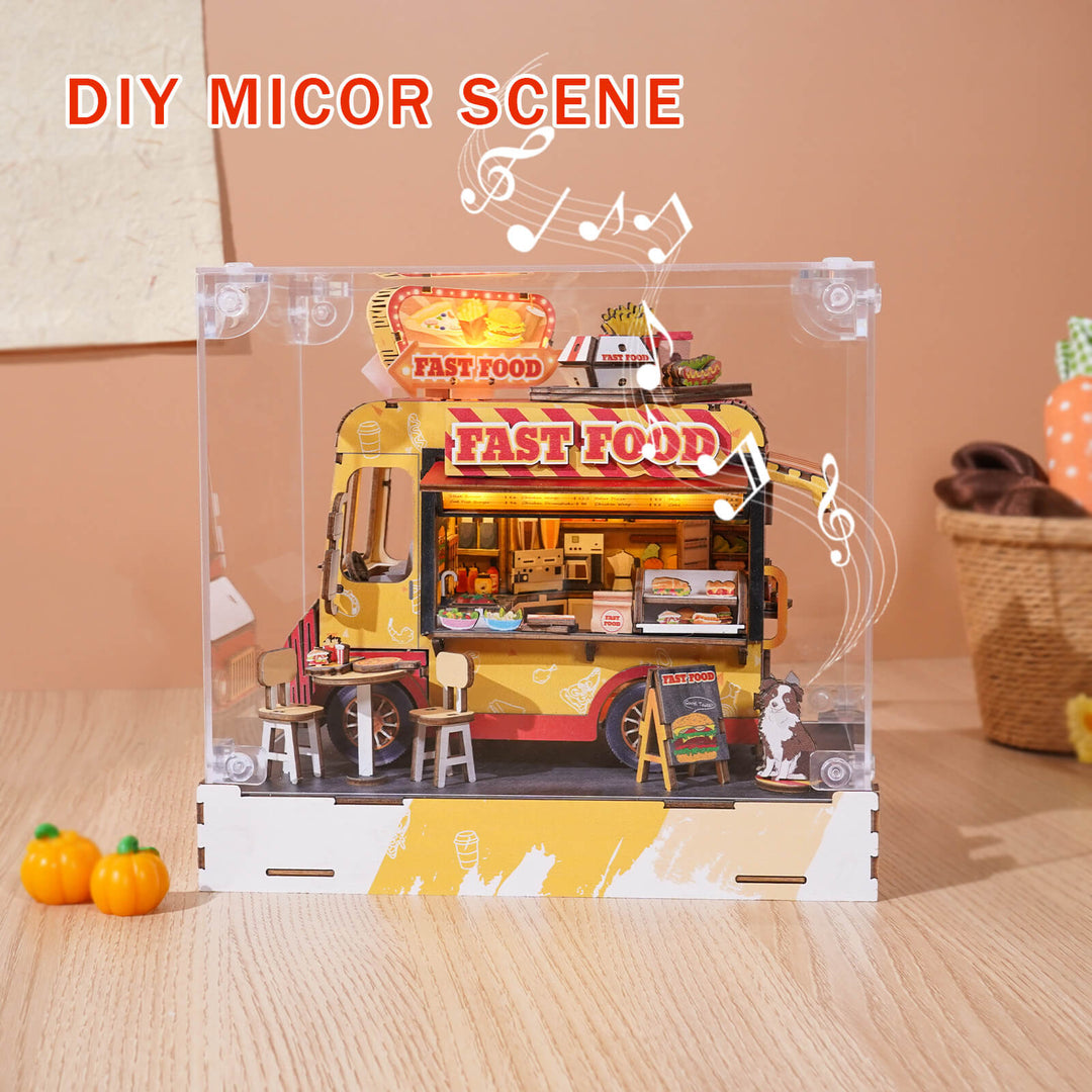 DIY Fast Food Cart miniature scene, realistic wooden puzzle with detailed features and eco-friendly design.