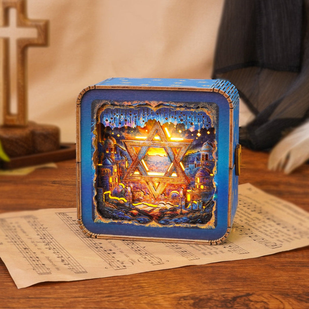 3D wooden puzzle night light featuring the Star of David, glowing with vibrant colors against a rustic background.