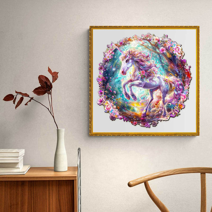 Vibrant unicorn wall art with floral accents in a golden frame, enhancing a cozy interior decor.