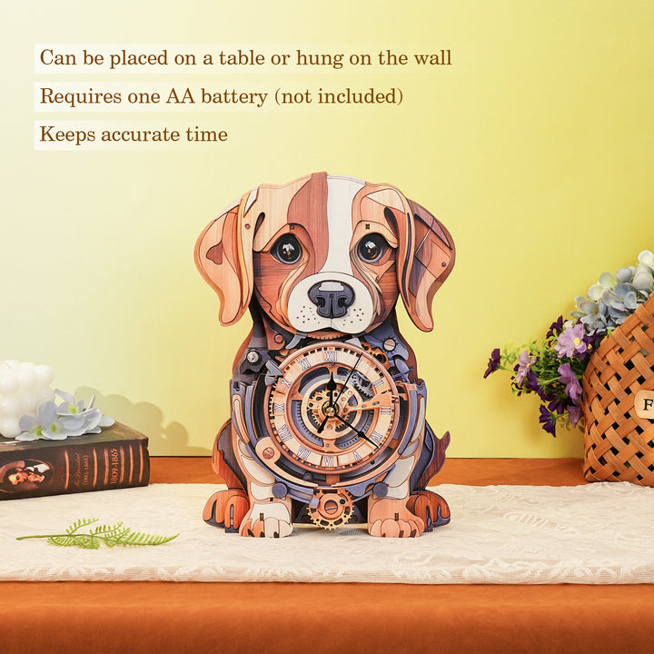Cute Beagle wooden clock that can be placed on a table or hung on the wall, accurate timekeeping, requires AA battery.