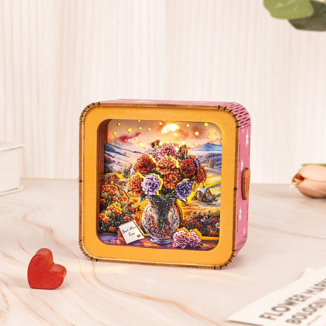 3D wooden puzzle night light featuring a vibrant bouquet of carnations, perfect Mother's Day gift.
