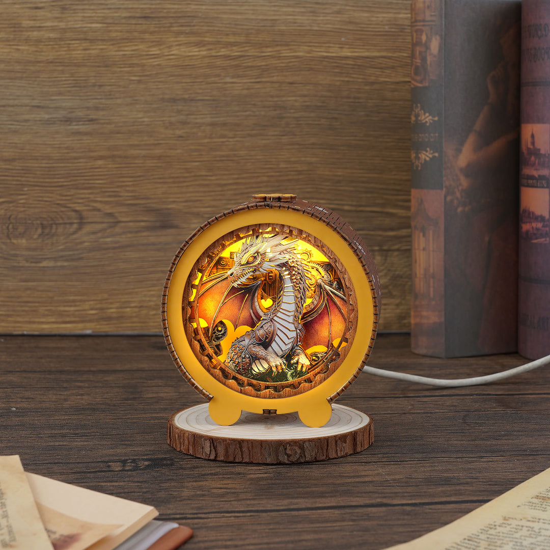 Steampunk dragon 3D wooden puzzle night light with intricate design, illuminating a cozy wooden desk.