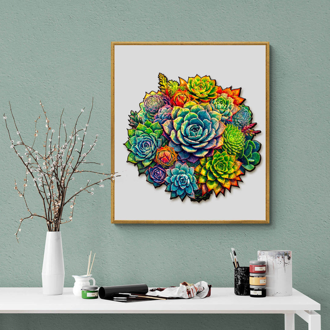 Colorful succulent plants artwork framed on a green wall, adding vibrancy to home decor with a modern touch.