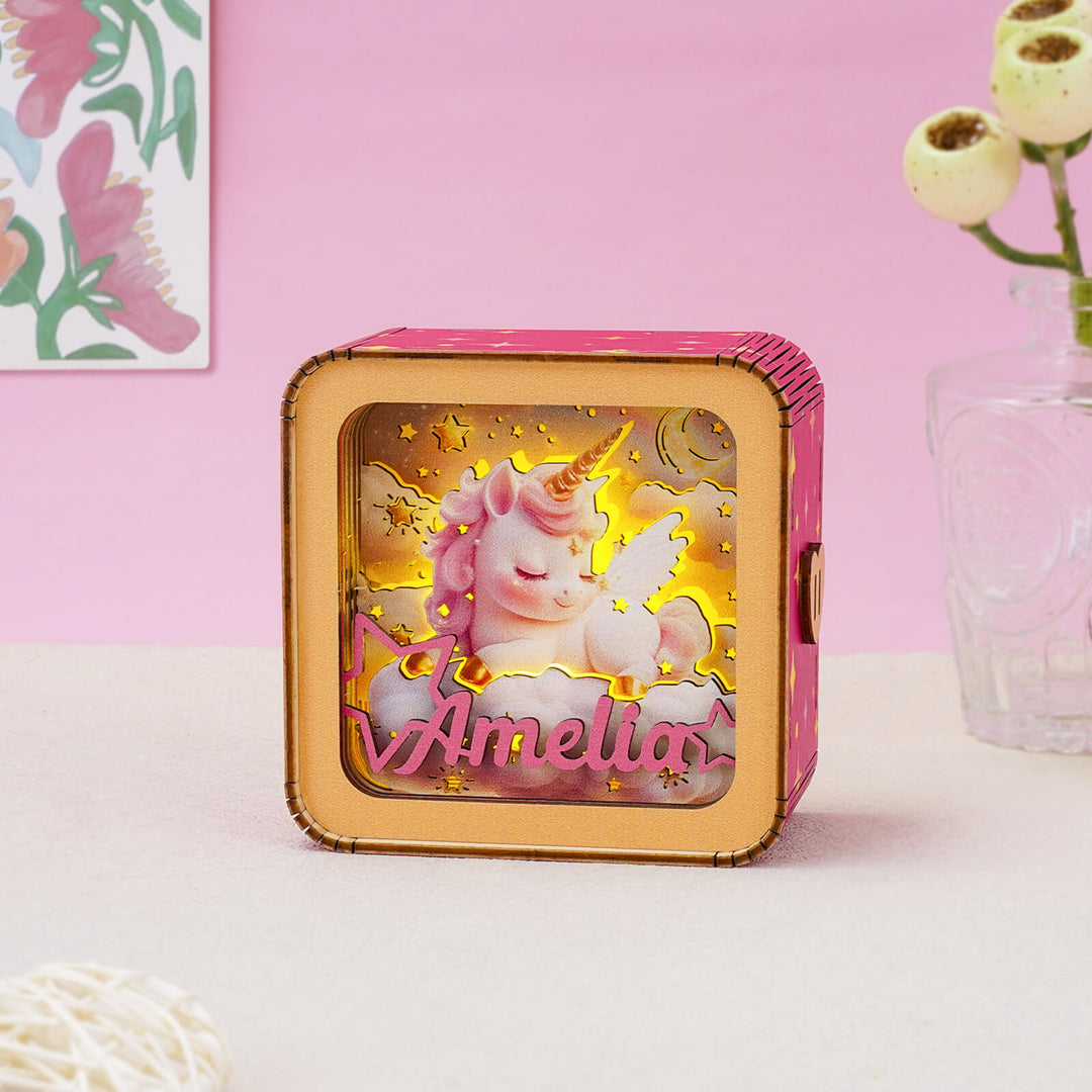 Personalized 3D wooden puzzle night light featuring a unicorn design, perfect for kids' decor and gifts.