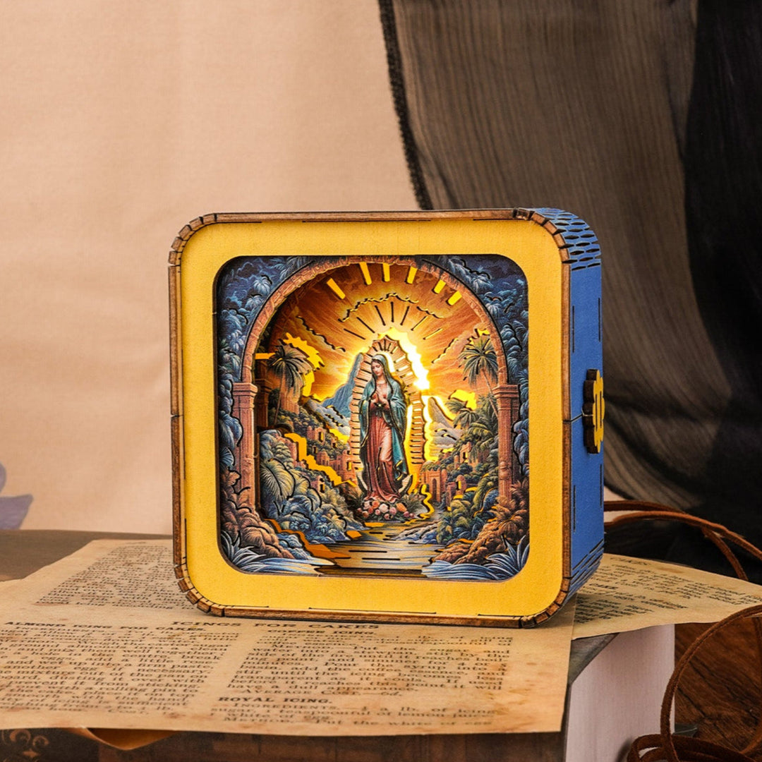 3D wooden puzzle night light featuring the Virgin Mary with vibrant colors and intricate details.