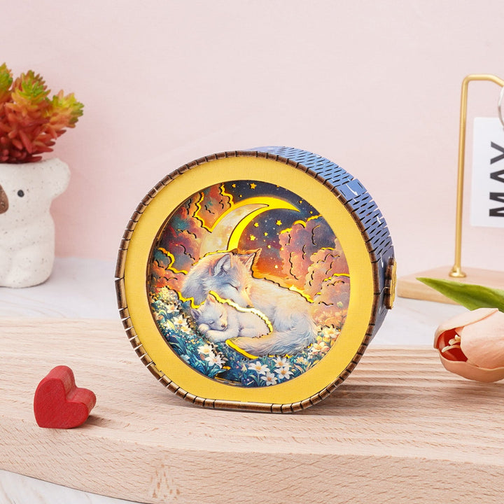 Golden Moon Dream Kit 3D wooden puzzle night light featuring a serene cat design with a moon, perfect for home decor.