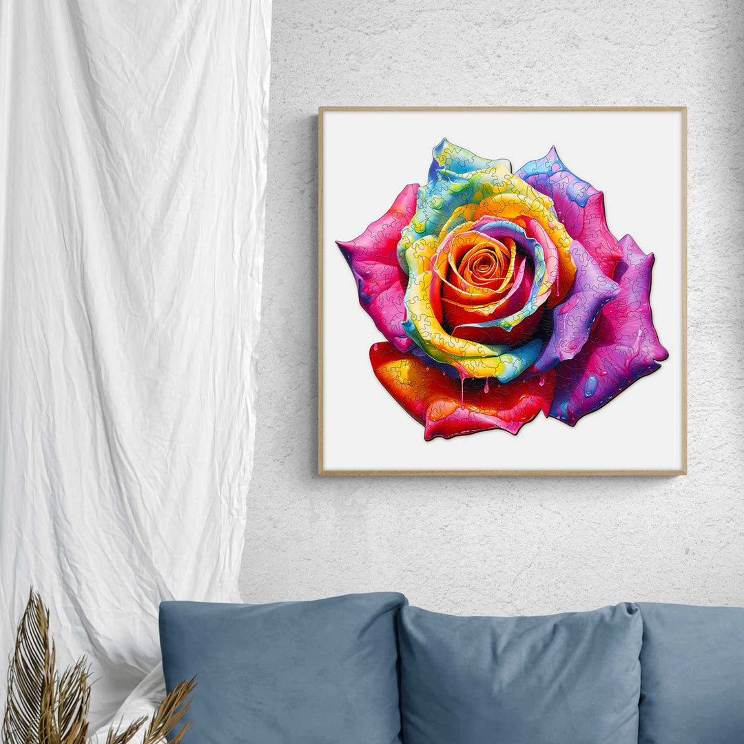 Colorful rose wooden jigsaw puzzle showcasing vibrant colors, enhancing focus and cognitive skills while solving.