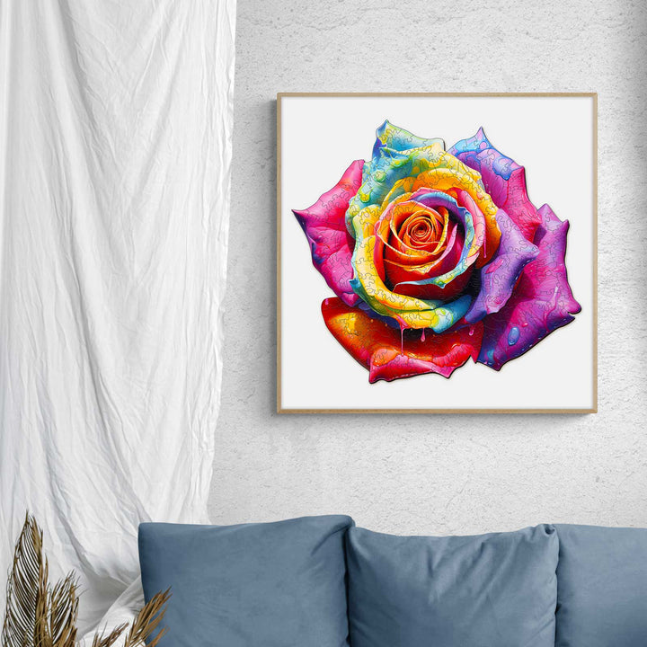 Colorful rose wooden jigsaw puzzle showcasing vibrant colors, enhancing focus and cognitive skills while solving.