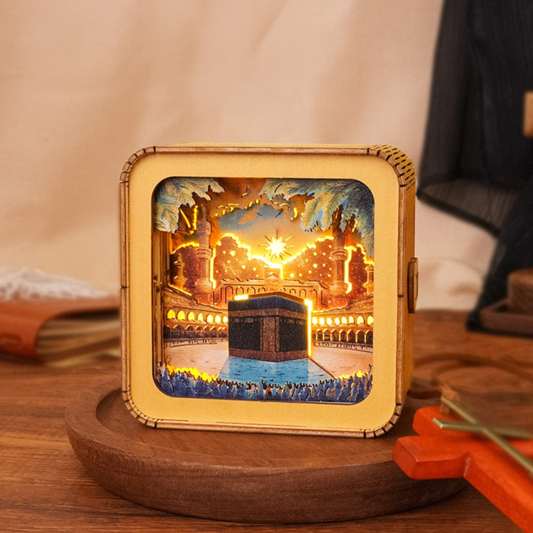 Holy Makkah Kit 3D wooden puzzle night light showcasing the Kaaba illuminated at night in a decorative frame.