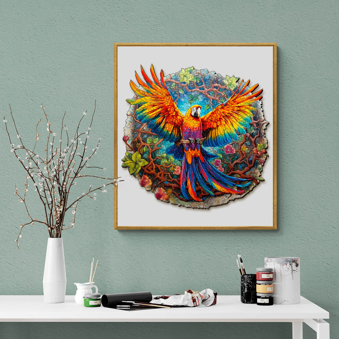 Curious Parrot Wooden Jigsaw Puzzle art displayed on a green wall, showcasing vibrant colors and intricate designs.