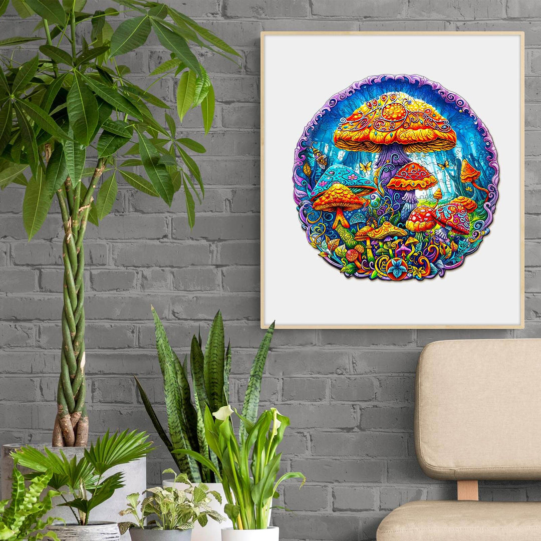 Colorful magical mushrooms artwork in a cozy plant-filled living space, perfect for puzzle enthusiasts and nature lovers.