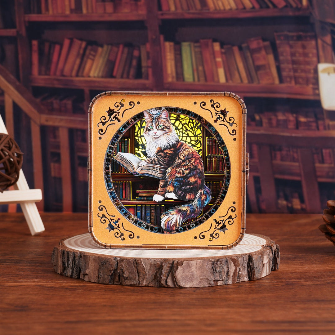 Maine Coon cat night light 3D wooden puzzle in a cozy library setting, showcasing detailed craftsmanship.