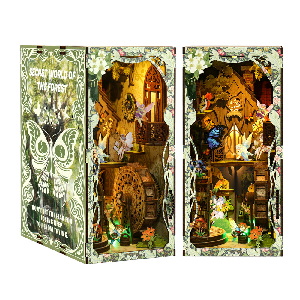 Secret Forest DIY Book Nook Kit featuring intricate designs, fairy lights, and musical elements in a whimsical woodland setting.