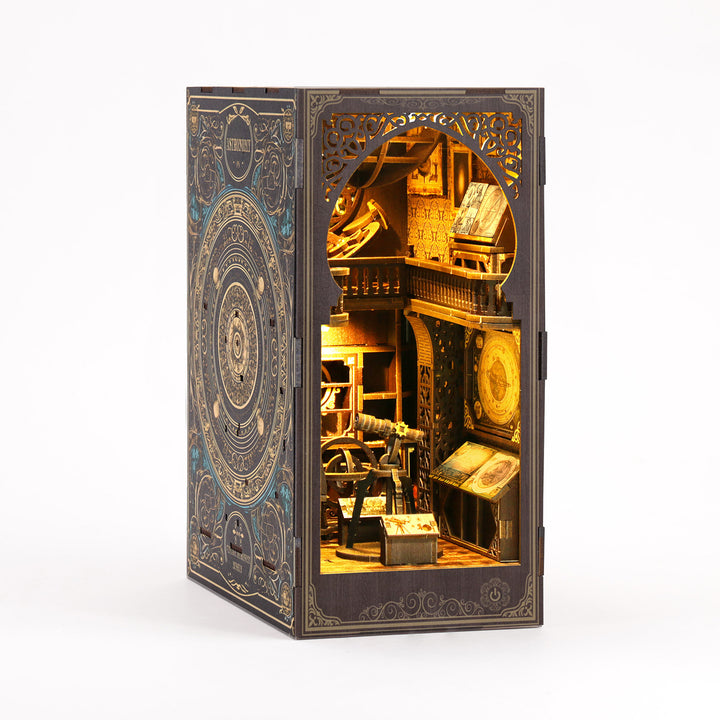3D wooden puzzle book nook kit featuring a detailed astronomy design with intricate decor and lighting.