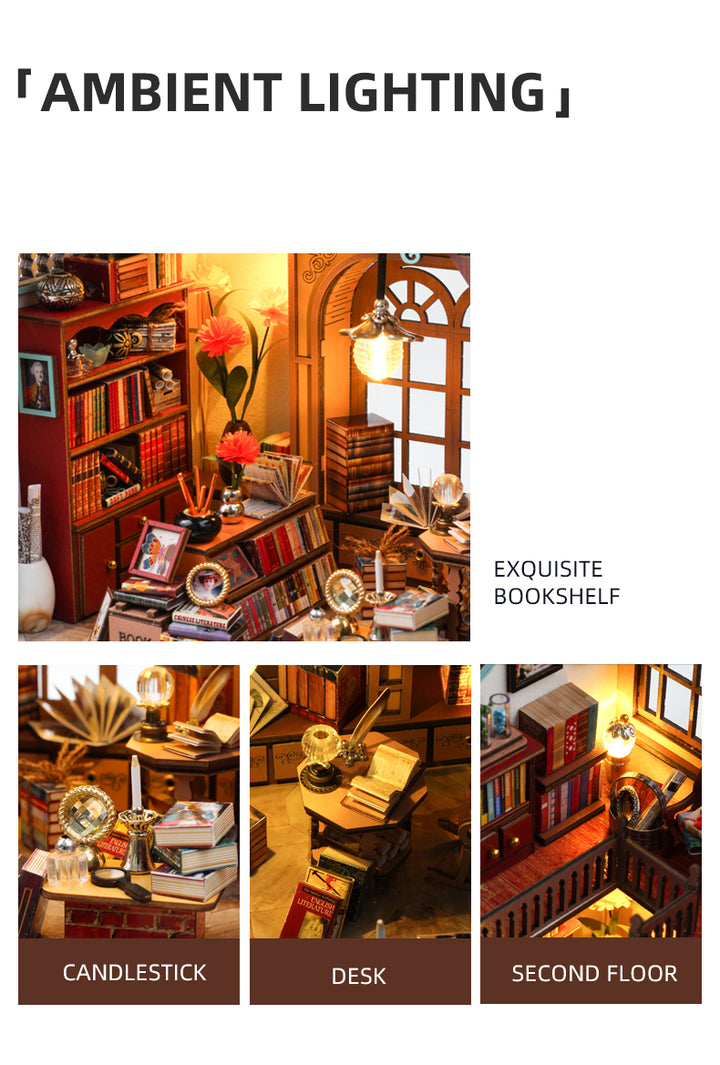Cozy ambient lighting in an exquisite bookshelf with candlestick, desk, and detailed second floor design.