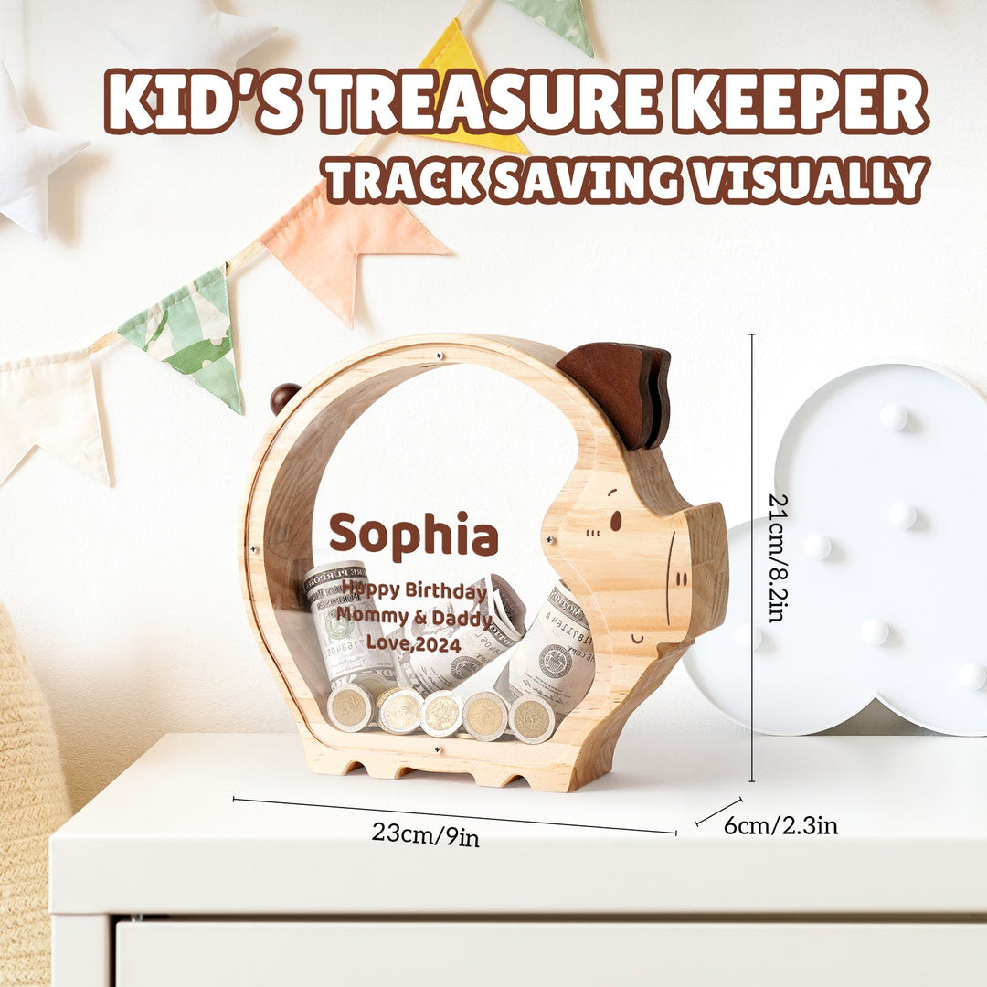 Custom piggy bank for kids featuring a cute design, clear acrylic, and wooden structure for visual savings tracking.