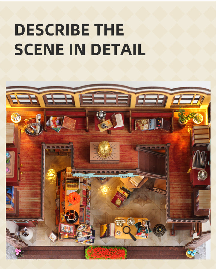 Detailed overhead view of a cozy DIY book nook kit featuring furniture, books, and decorative elements.