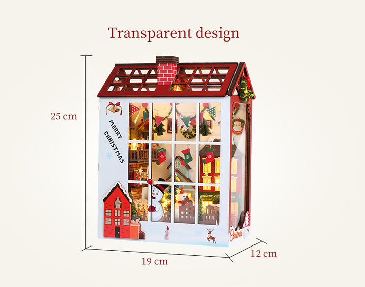 Merry Christmas DIY Book Nook Kit 3D Wooden Puzzle with transparent design, showcasing festive decorations and musical elements.