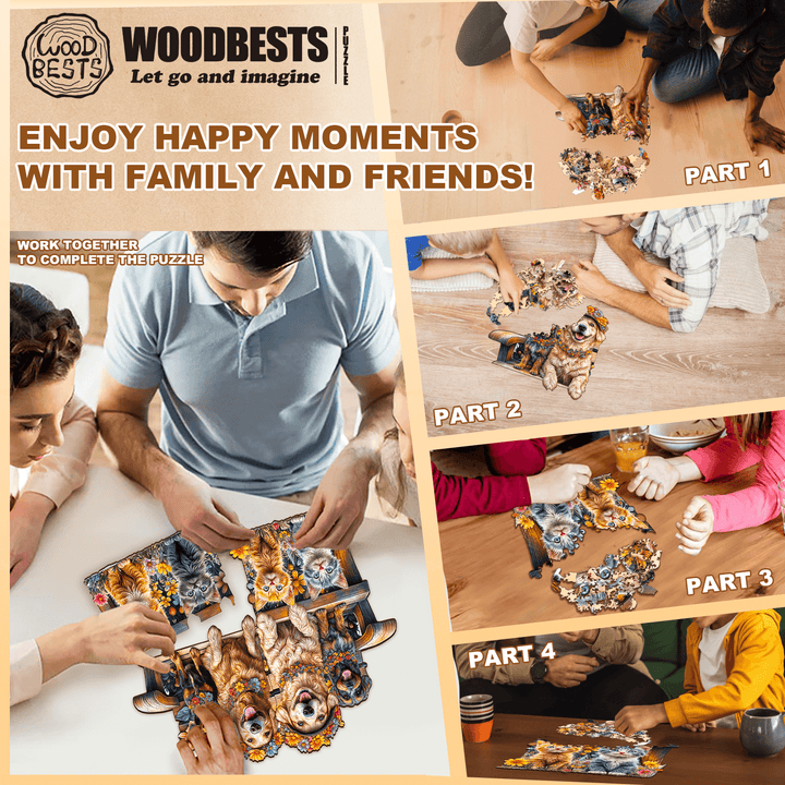 Group of friends assembling a colorful jigsaw puzzle, showcasing teamwork and joyful moments together.