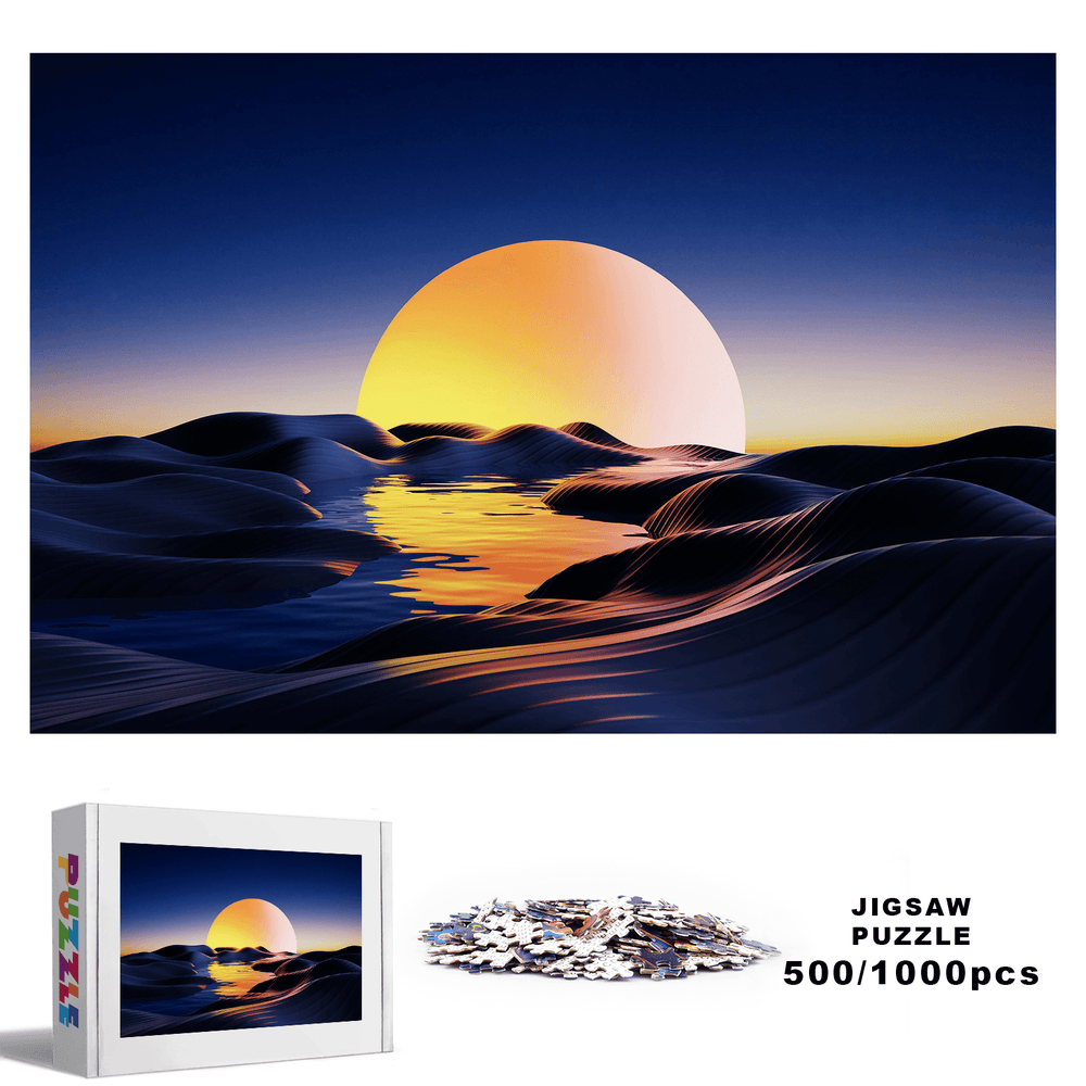 Sunset Desert jigsaw puzzle, 500 or 1000 pieces, featuring vibrant sunset over rolling dunes.
