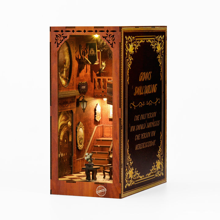 Grimm's Small Building DIY Book Nook Kit, showcasing a detailed, illuminated wooden puzzle with a musical theme.