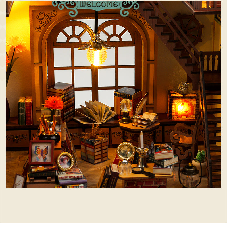 Cozy interior of the Magic Book Store DIY Book Nook Kit with books, decor, and warm lighting.