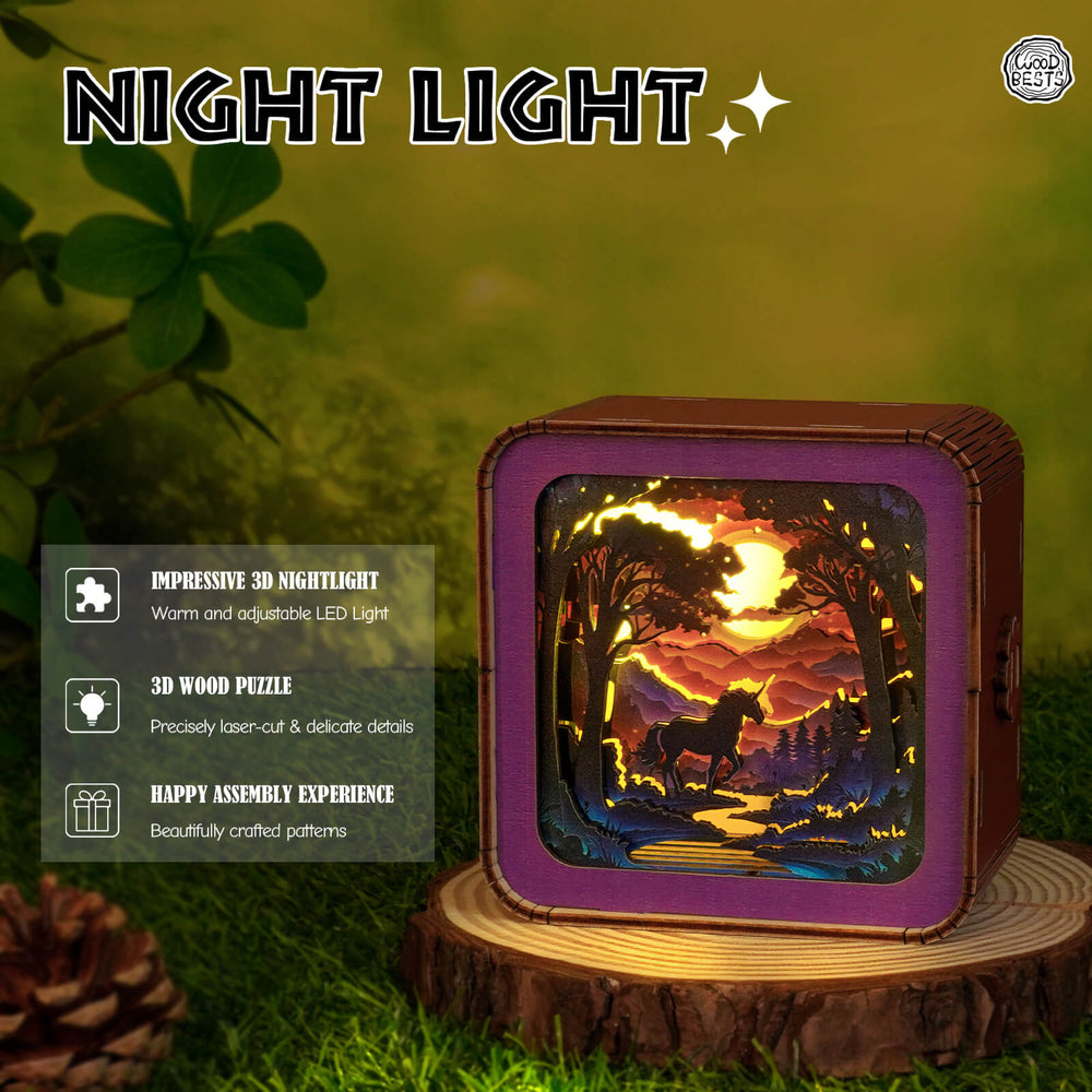 Forest Fantasy Unicorn 3D wooden puzzle night light with adjustable LED, warm glow, and intricate designs.