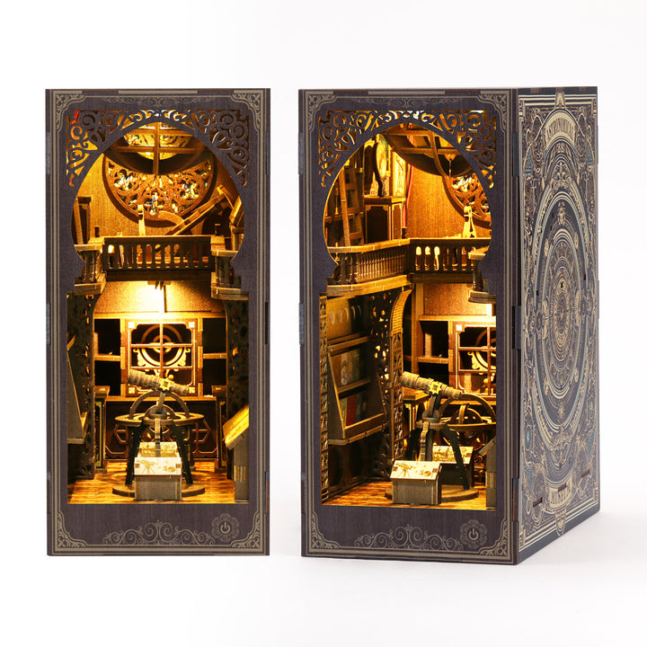 DIY Astronomy Museum book nook kit featuring intricate 3D wooden design with telescopes and music elements.